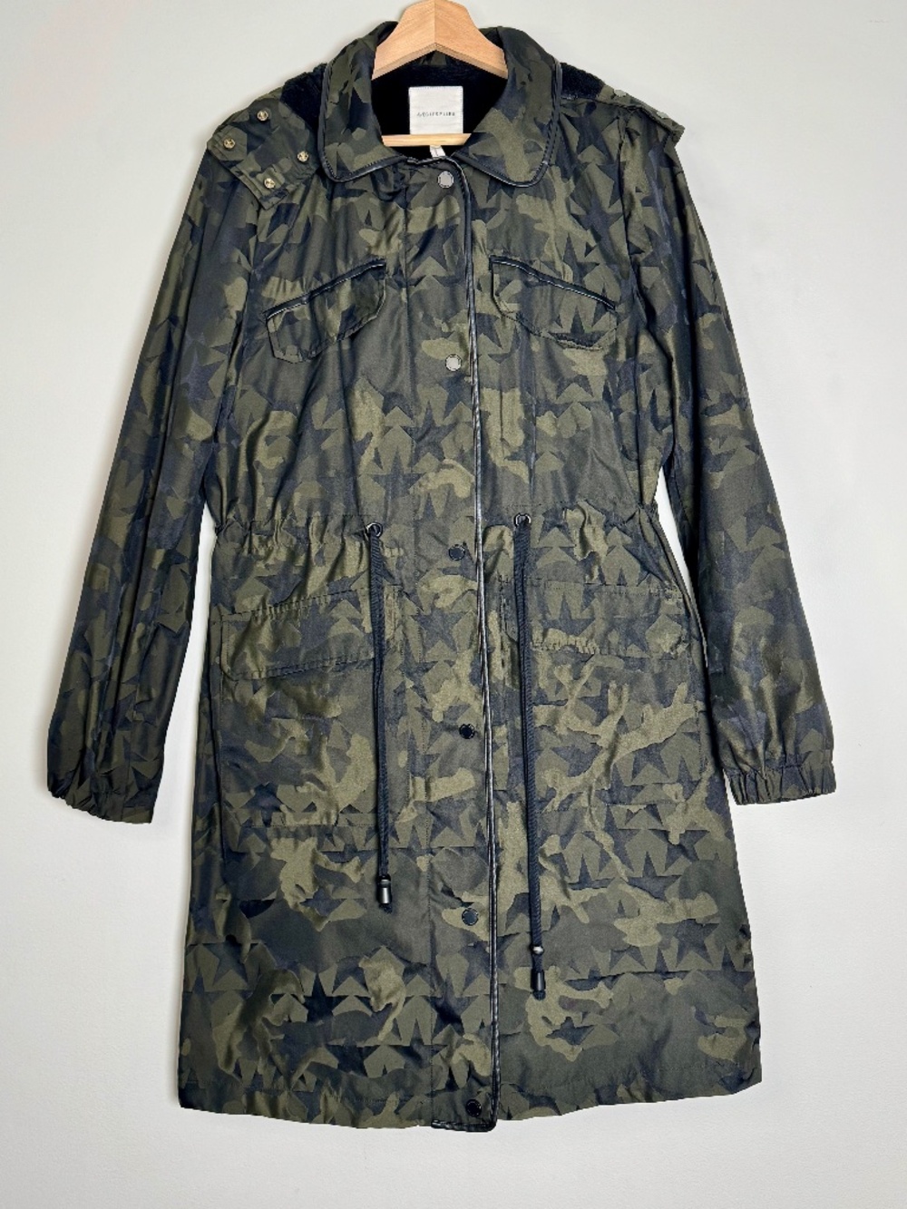 Avec Les Filles Green Star Camo Print Hooded Rain Jacket Sz Medium